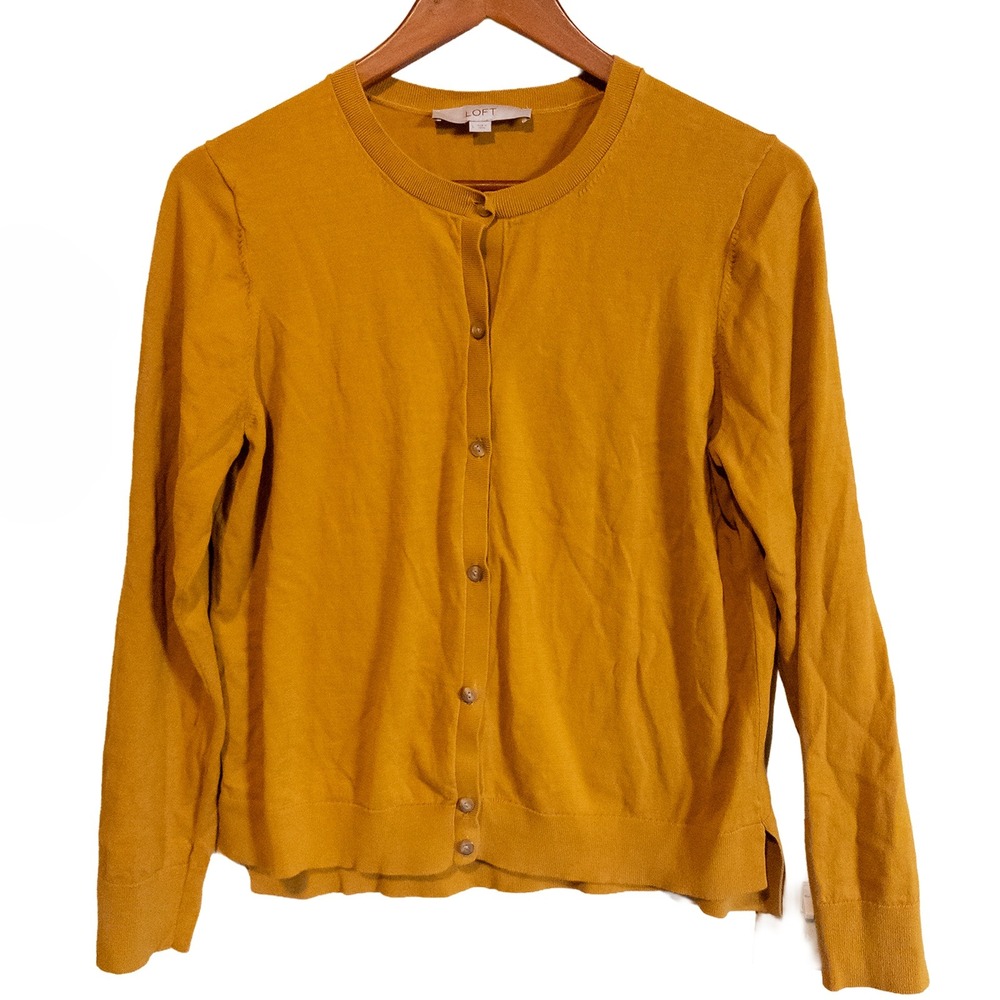 LOFT Crew Neck Cardigan Sweater Mustard Yellow 100% Cotton Button Front Womens L